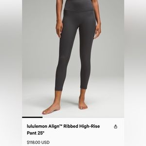 LULULEMON SIZE 4 graphite gray ribbed align leggings, 25”; NOT double lined!!